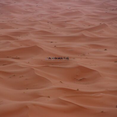 Caravana de camellos por las dunas del desierto de Merzouga durante nuestro viaje de 3 días de Marrakech a Fez