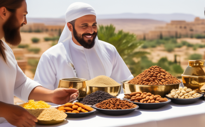 A man with white dress having a taste of Moroccan food
