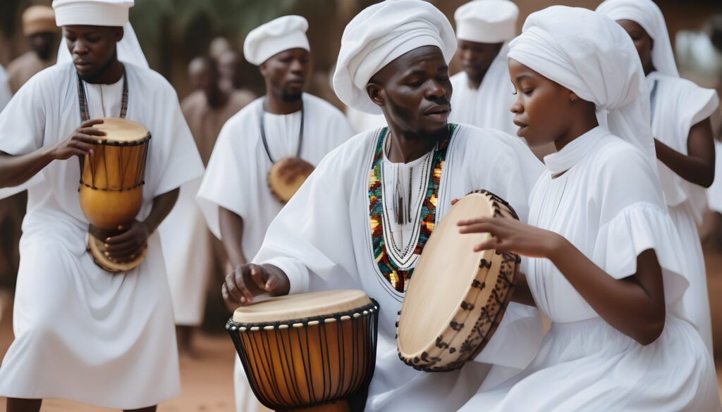 Gnaoua music, group of black people dressed in white dress