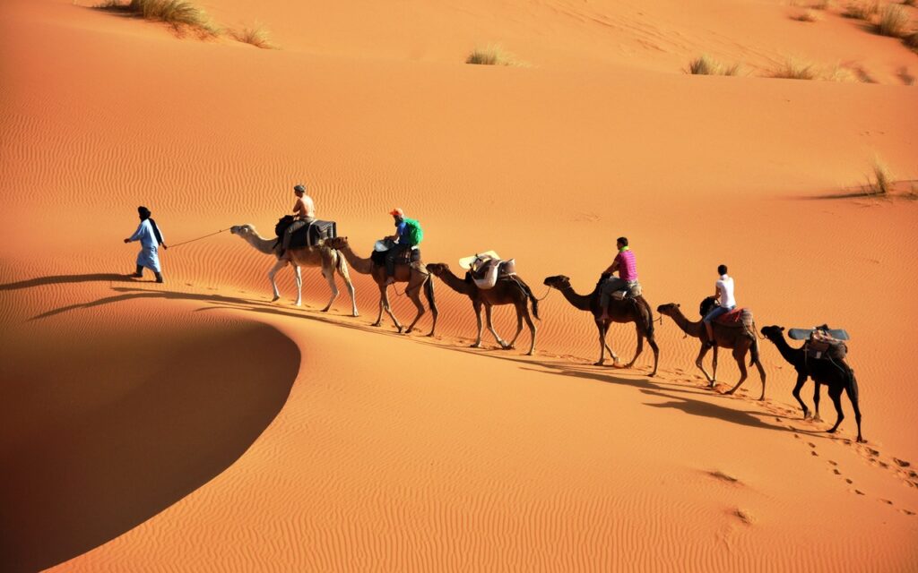 Tourists riding camels in the Merzouga desert during New Year's Eve.