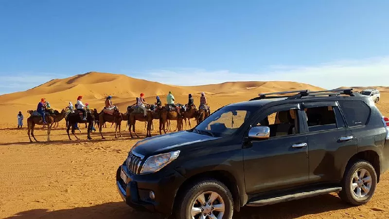 A 4x4 and camels in Morocco
