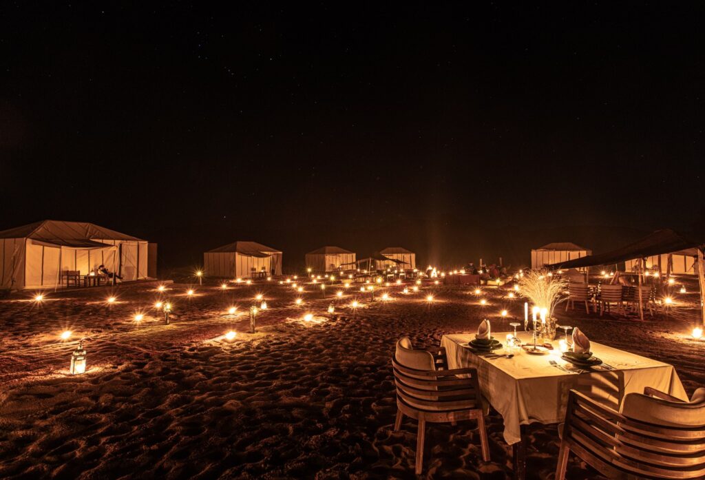 Night Atmosphere at a desert camp in Morocco with candles