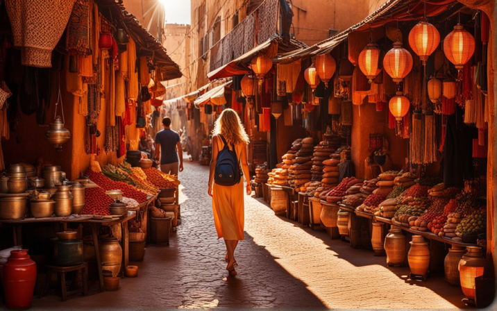 A backpacker in Morocco, bustling souk of Marrakech