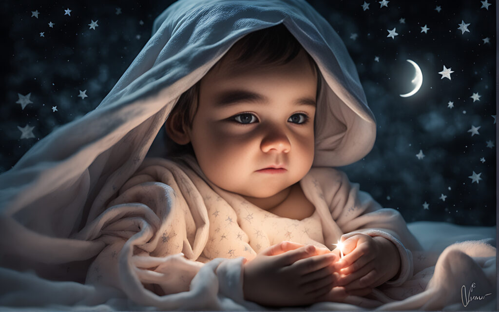 A baby girl with light in her hands, starry sky and moon