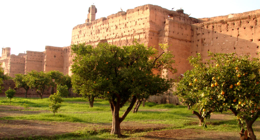 El Badi Palace with green grove and beautiful architecture