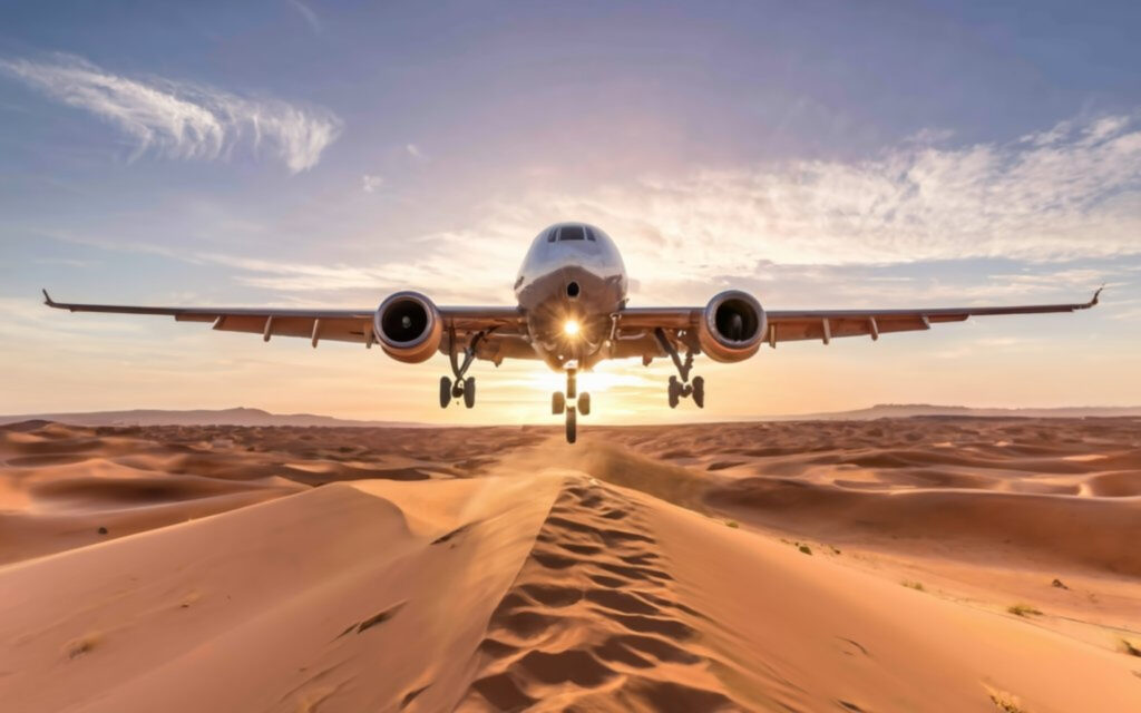 Airplane landing in Merzouga desert Sahara