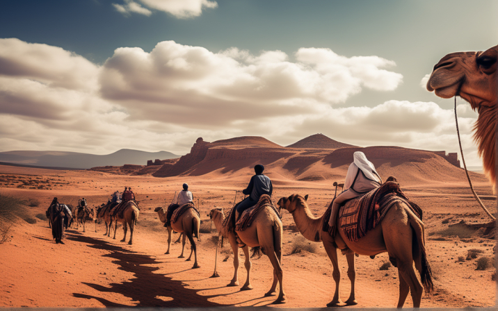 Un grupo de árabes en caravana cruzando el desierto
