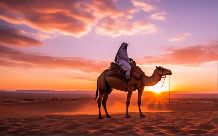 A person on a camel back in the desert during sunset