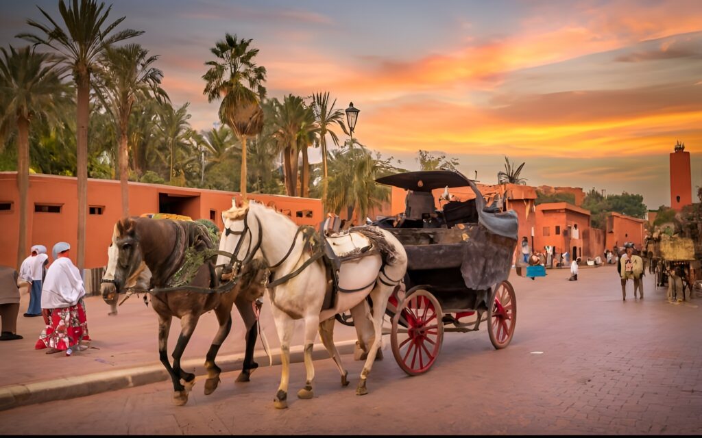 Horse-drawn carriages in Marrakech or Fes