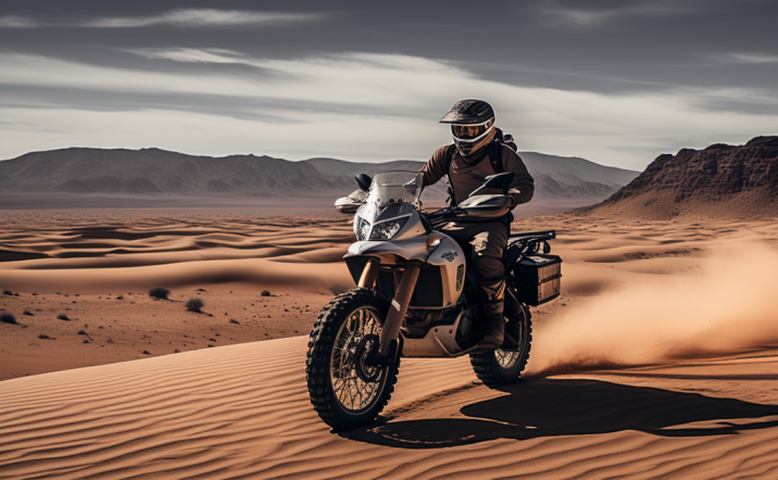 A motorbike in the desert and a rider