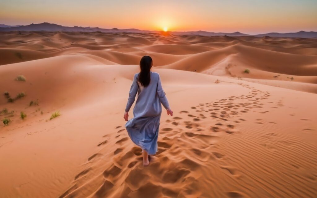 Una mujer en el desierto de Merzouga al atardecer