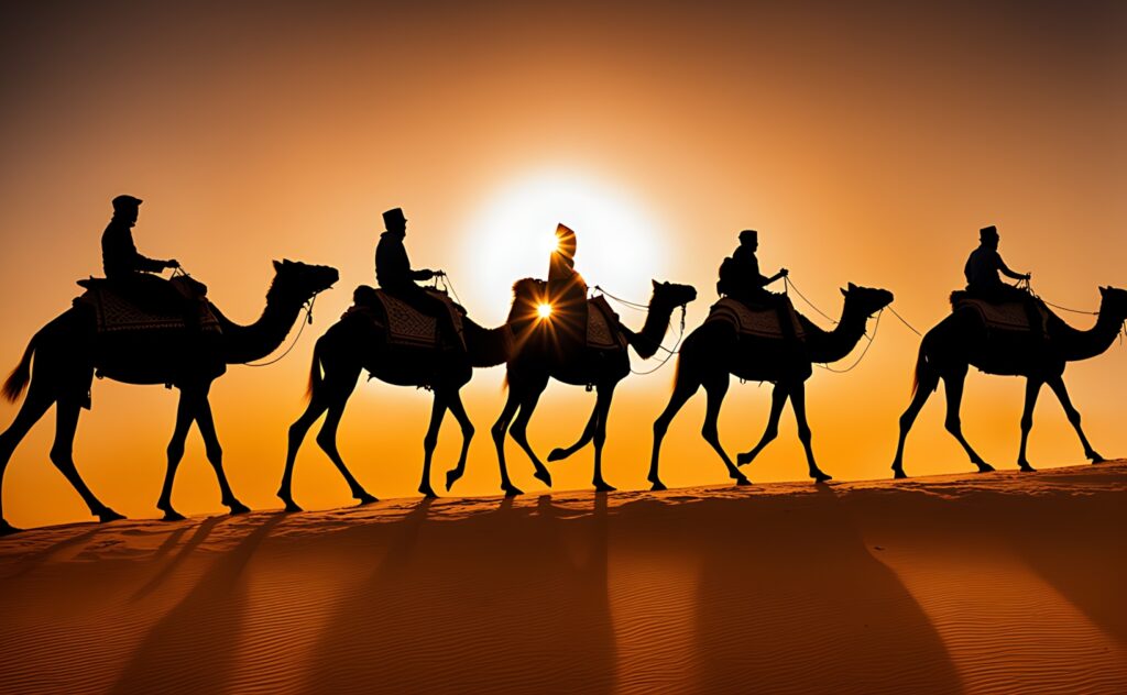 Taiwanese people travelling on camels through the desert of Morocco