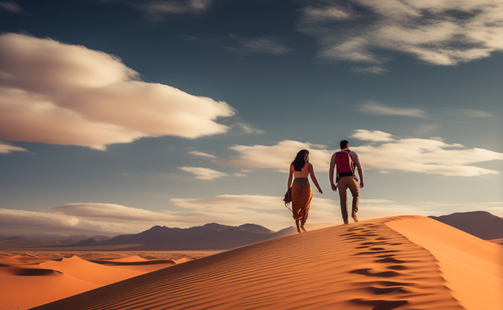 A couple from Singapore walking on the desert of Morocco