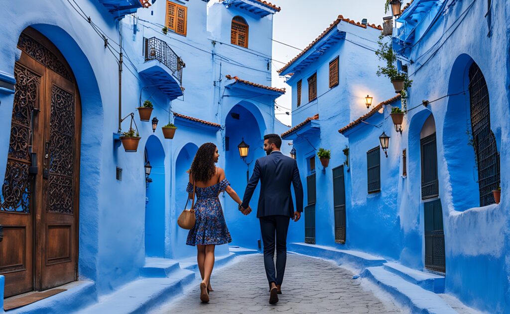 A couple walking in the blue city of Chefchaouen