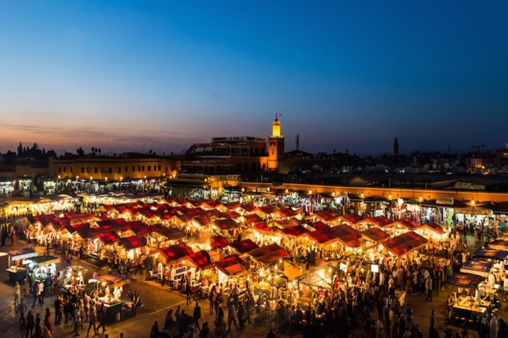 Jamaa El Fna Square in Marrakech during Christmas and new year's Eve in Morocco.